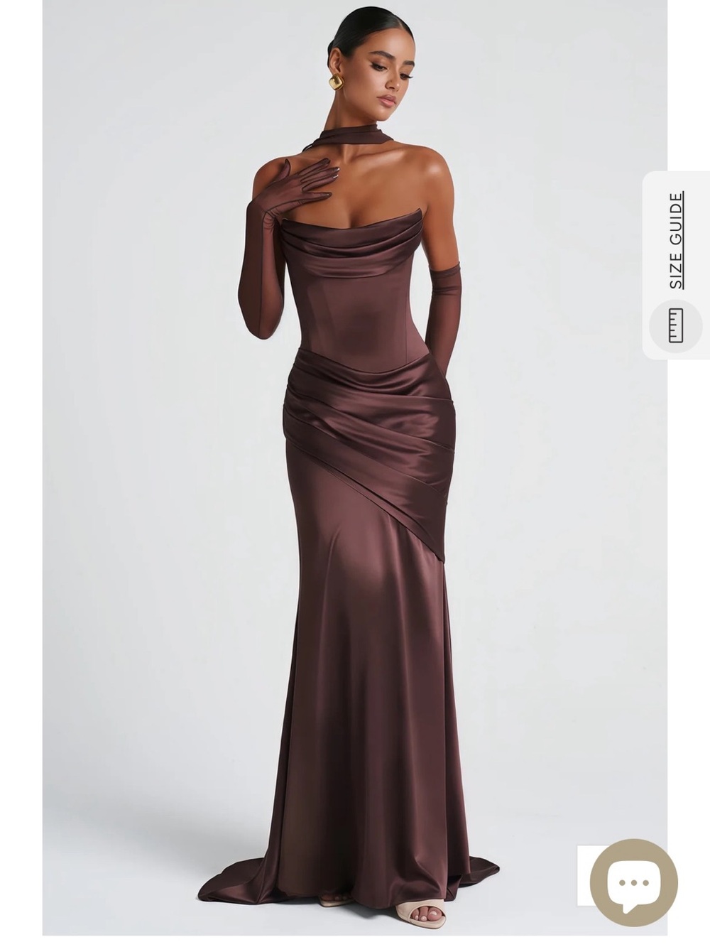 Strapless Chocolate Brown Satin Evening Dress with Neck Scarf